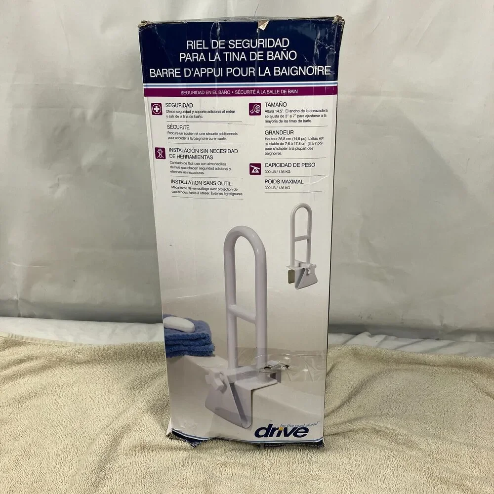 Drive Medical 12036 Adjustable Bathtub Safety Rail White Clamp-on Grab Bar 12